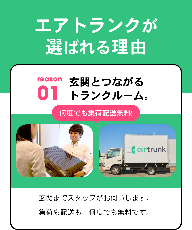 エアトランクが選ばれる理由 reason01 玄関とつながるトランクルーム 何度でも集荷配送無料! 玄関までスタッフがお伺いします。集荷も配送も何度でも無料です。