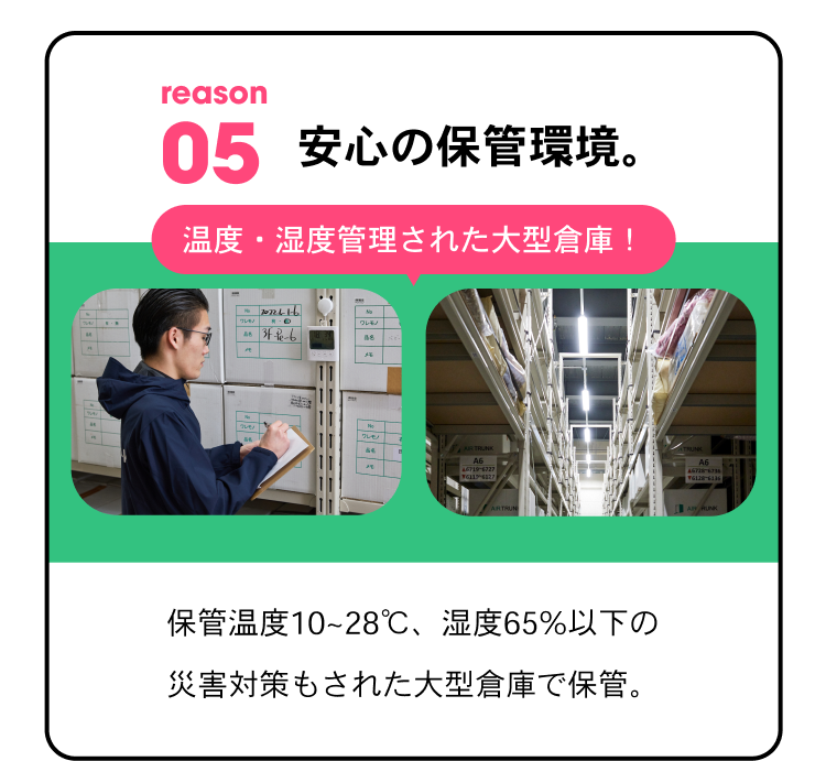 reason05 安心の保管環境。 温度・湿度管理された大型倉庫！ 保管温度10~28℃、湿度65%以下の災害対策もされた大型倉庫で保管。