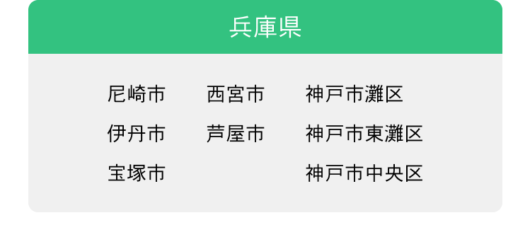 兵庫県 尼崎市 伊丹市 宝塚市西宮市 芦屋市神戸市灘区 神戸市東灘区 神戸市中央区