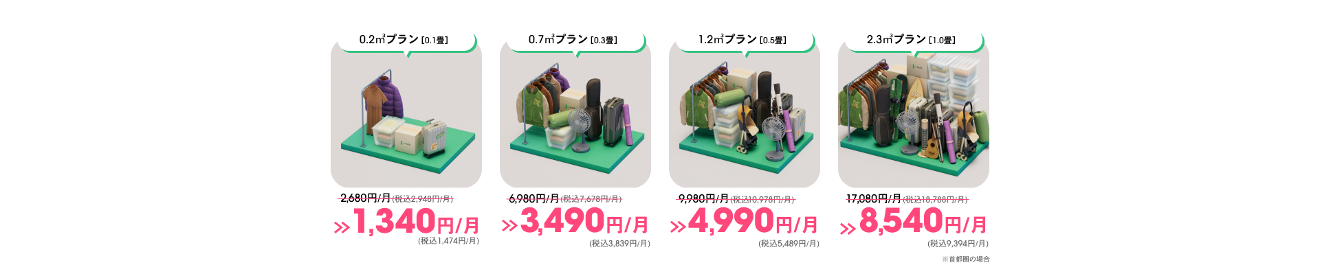 0.2㎡プラン[0.1畳]1,340円 0.7㎡プラン[0.3畳]3,490円 1.2㎡プラン[0.5畳]4,990円 2.3㎡プラン[1.0畳]8,540円 ※首都圏の場合