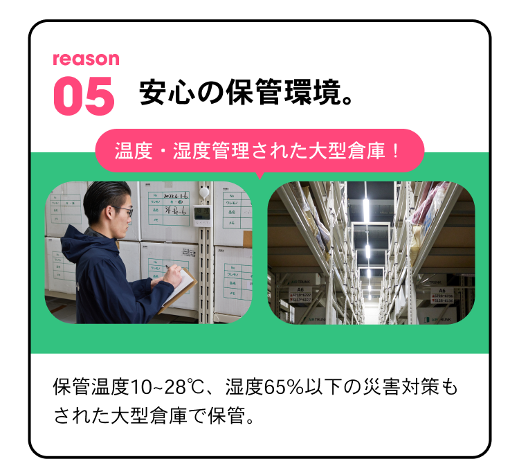 reason05 安心の保管環境。 温度・湿度管理された大型倉庫！ 保管温度10~28℃、湿度65%以下の災害対策もされた大型倉庫で保管。